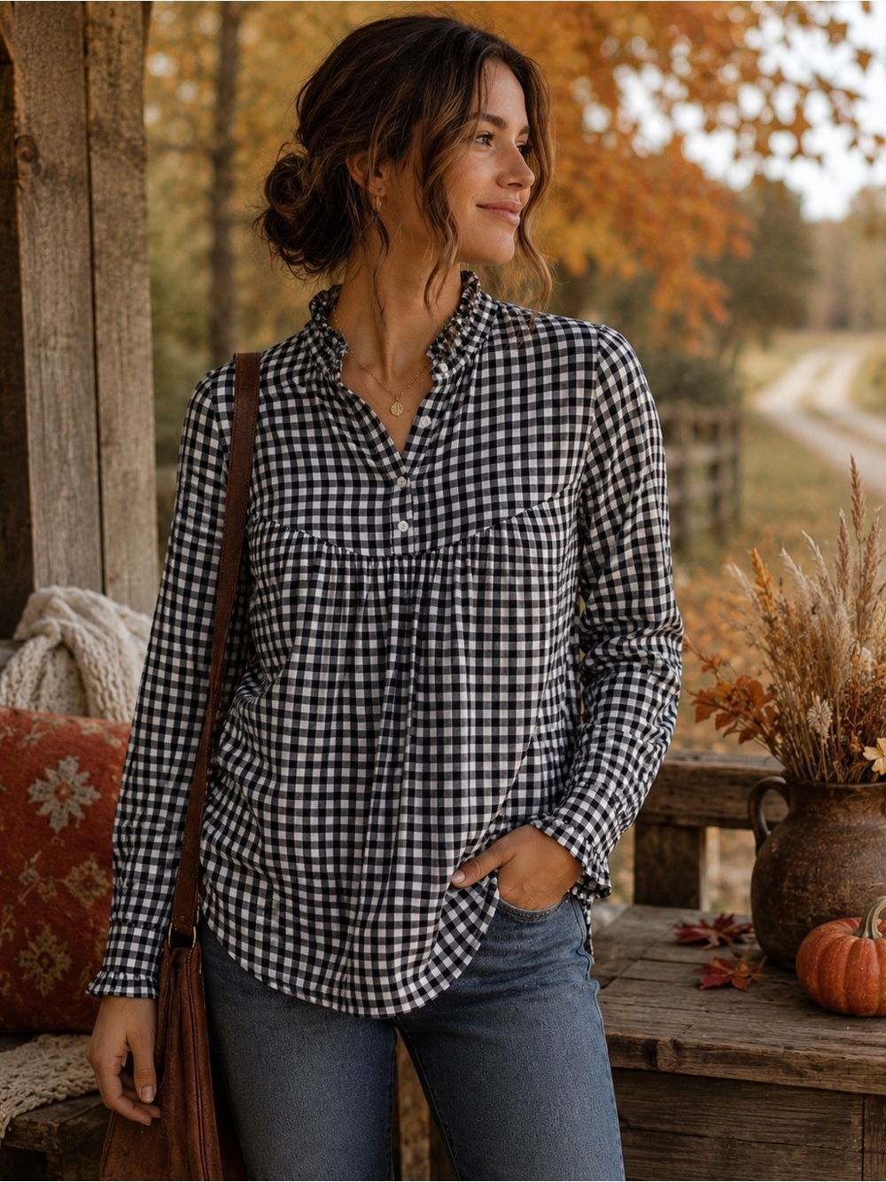 GAP Black White Gingham Ruffle Neck Peasant Blouse Long Sleeve Top XS